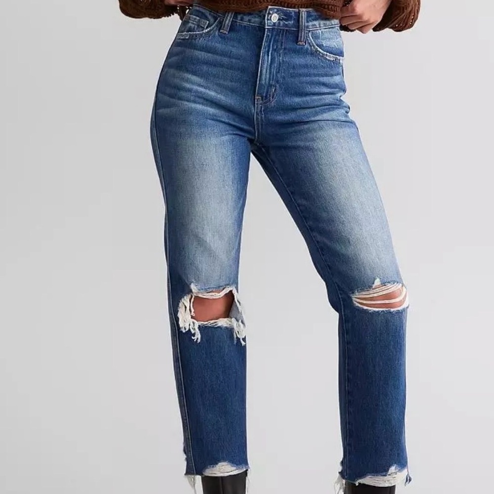 Flying Monkey Distressed Straight Leg Jeans in Medium Blue